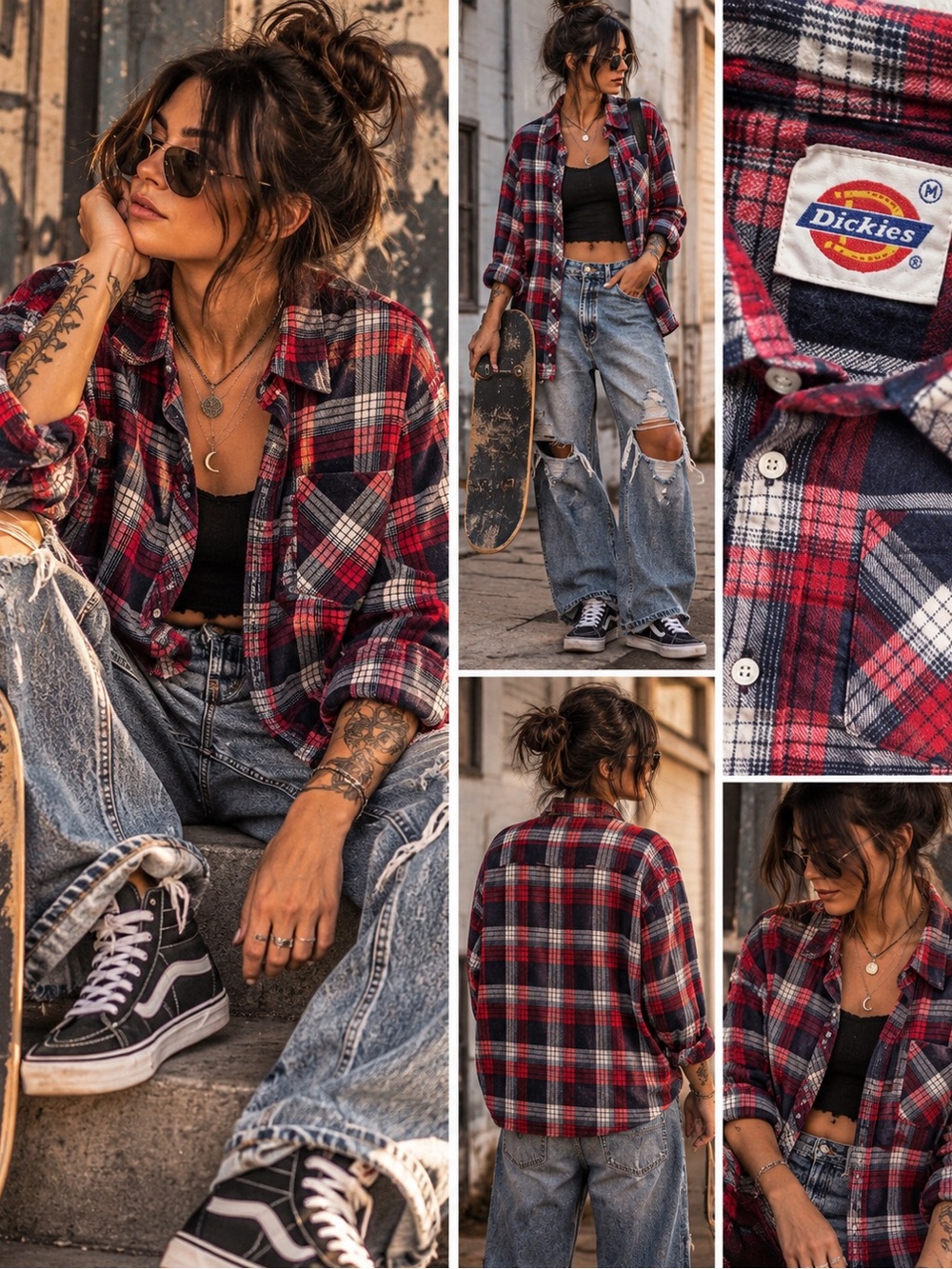 Dickies Plaid Flannel Shirt Red Navy Grunge Skater 100% Cotton M